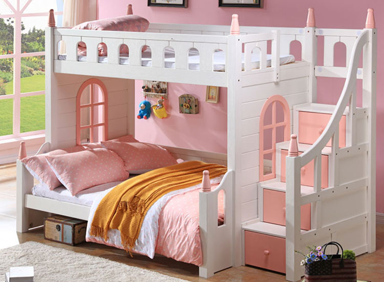 粉白梯柜双层床